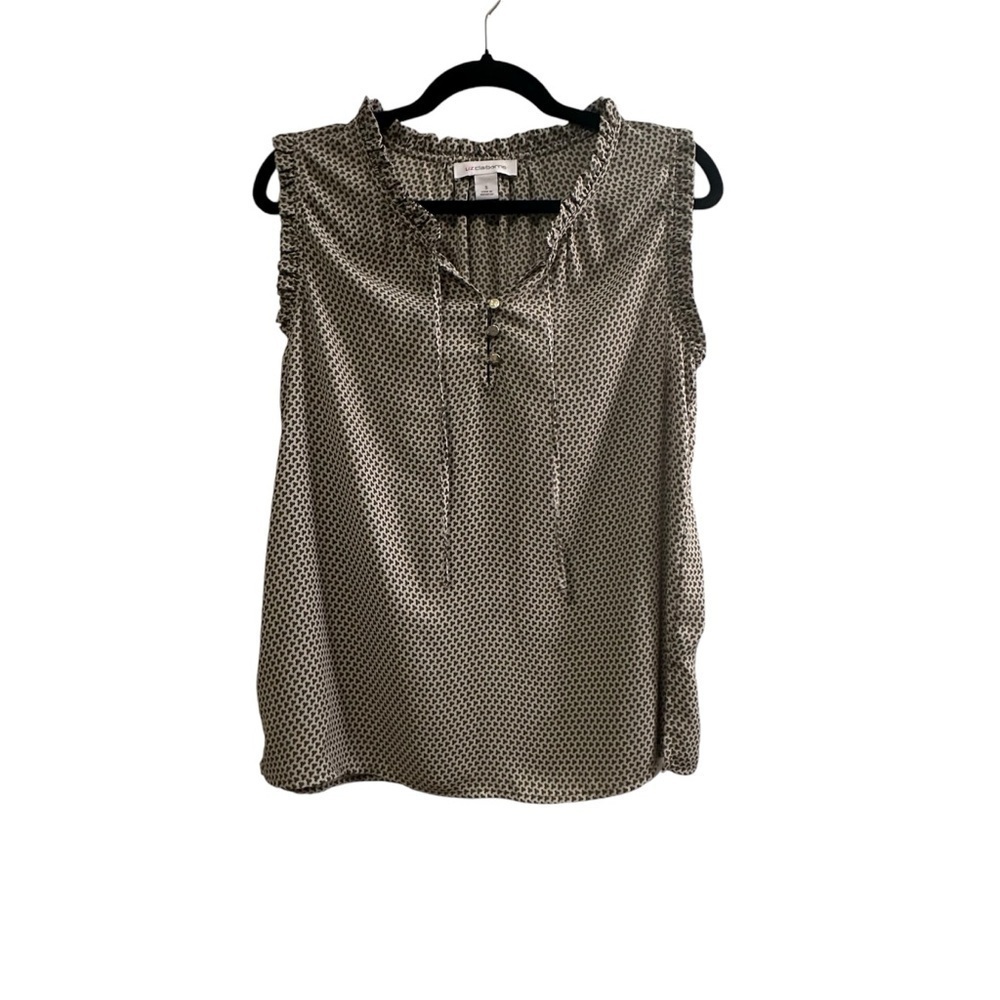 Liz Claiborne Sleeveless V-Neck Printed Top Ruffle Trim Olive Green Womens Small